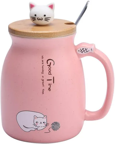 TOPINCN Taza de cerámica con diseño de gato lindo con cuchara y tapa de madera, taza de té y agua para leche para oficina en casa (12.8 fl oz)