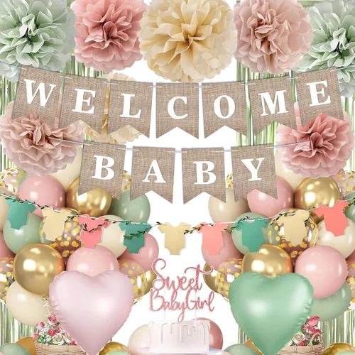 Miniatura 11 de Decoración de baby shower rosa polvoriento, juego de decoración de baby shower para niña con pancarta de bienvenida para bebé, pompones de papel