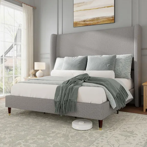 Miniatura 12 de Jocisland - Base de cama tapizada tamaño Queen con cabecera de ala alta de 51.2" con patas de madera maciza, no necesita cajón de resortes