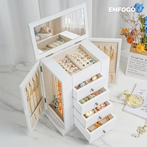 Miniatura 2 de Emfogo Joyero para mujer, joyero de madera grande de 5 capas y organizadores para collares, aretes, anillos, pulseras, caja organizadora de joyas