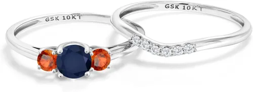 Miniatura 3 de Gem Stone King Anillo de boda de 3 piedras de oro blanco redondo de 10 quilates con zafiro azul y zafiro naranja y diamante cultivado en laboratorio