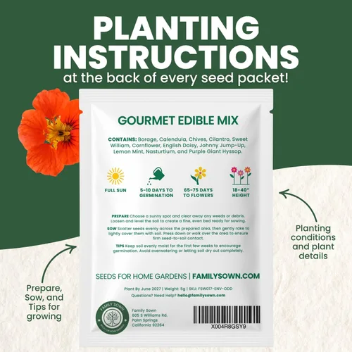 Miniatura 3 de Mezcla Gourmet Comestible – 1,000 semillas premium para plantar – Flores culinarias frescas y hierbas – Temporada 2026 – Bolsa de 5 gramos