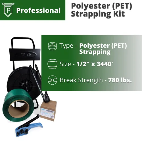 Miniatura 2 de IDL Packaging Kit de flejado de poliéster (PET) estándar de 1/2 pulgadas x 3440 pies con carrito, resistencia a la rotura de 780 libras - Solución