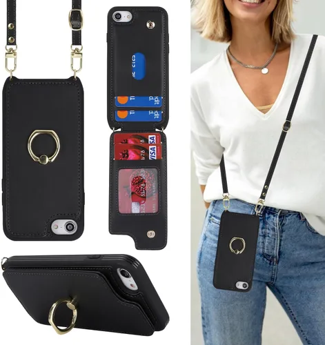 Miniatura 28 de Lipvina para iPhone 11 Pro Funda para teléfono con tarjetero y correa para mujeres, cordón cruzado, soporte de anillo con patas, cierre de presión