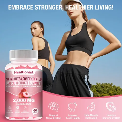 Miniatura 5 de 2 paquetes de 2000 mg de citrato de calcio con vitamina D3 K2 suplementos de gomitas para mujeres y hombres, magnesio, zinc, alta absorción, apoyo