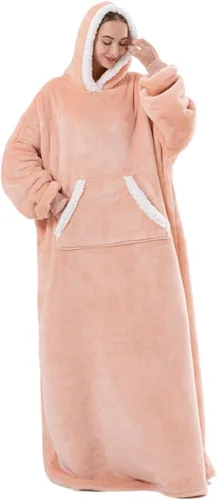 Miniatura 8 de Sioloc - Manta con capucha ponible para mujeres/niños/hombres, sudadera con capucha extragrande y acogedora forrada en sherpa (rosa, larga)