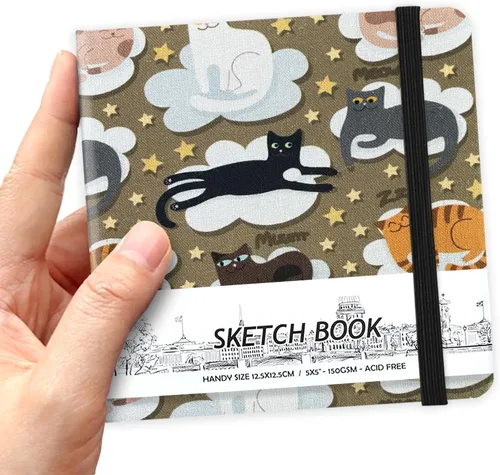 Miniatura 7 de Cuaderno de bocetos de bolsillo cuadrado de tapa dura de cuero PU de 5" x 5", 58 hojas de papel beige Dowling de 150 GSM, libro de bocetos de arte