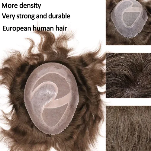 Miniatura 2 de Toupee para hombres sistemas de reemplazo de cabello humano real europeo para hombres, postizos finos, centro de encaje, piel más gruesa, pieza