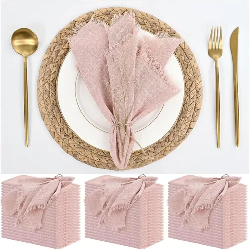 Miniatura 35 de Paquete de 12 servilletas de lino y algodón beige de 16 x 16 pulgadas, hechas a mano con flecos, servilletas de tela suave, lavables y rústicas