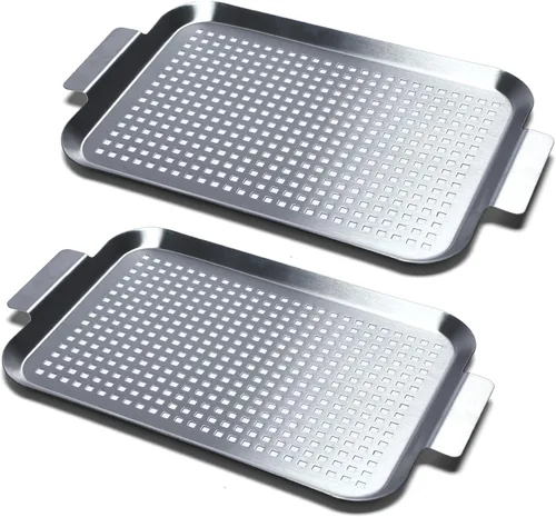 Miniatura 9 de Set de 2 bandejas para parrilla, topper para parrilla de exterior, cestas para asar de acero inoxidable con agujeros y asas, bandeja perforada