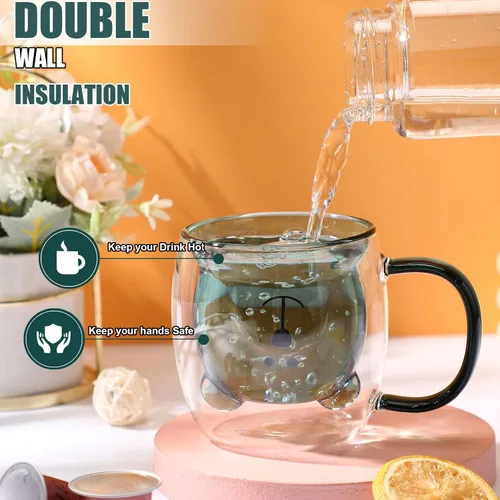 Miniatura 3 de Patelai Linda taza de oso con aislamiento de doble pared de vidrio para té, leche y café con asa, taza de espresso aislada, taza de cerveza de Verde