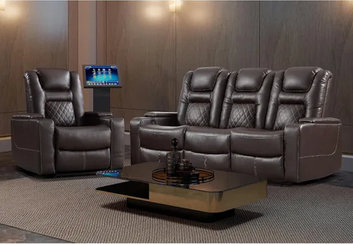 Miniatura 15 de EBELLO Asientos de cine en casa, silla reclinable de imitación de cuero para películas con almacenamiento oculto en los brazos, sofá reclinable