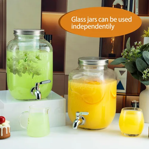 Miniatura 3 de Dispensadores de bebidas de vidrio de 1 galón para fiestas, paquete de 2 dispensadores de bebidas con soporte, cilindro de hielo y espita de acero
