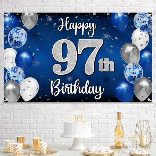 Miniatura 31 de Decoración de feliz cumpleaños 35, globo azul y plateado de 35 años, cartel grande de telón de fondo de cumpleaños, suministros para fiesta de 35th