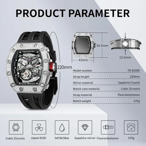 Miniatura 5 de Tonneau - Reloj automático para hombre, reloj de esqueleto de lujo para hombre, mecánico, resistente al agua, analógico, reloj de pulsera
