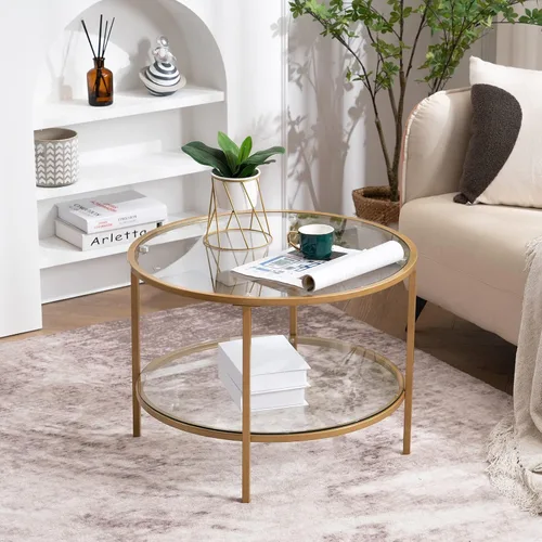 Miniatura 27 de VINGLI Mesa de Centro de Cristal, Mesa de Centro Redonda de 25.6" Dorado Champán para Sala de Estar, Mesa de Centro de Cristal de 2 Niveles con Oro