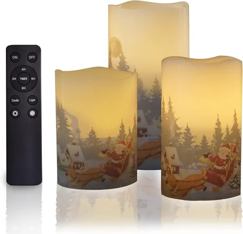 Miniatura 5 de CANDLE CHOICE Velas de Navidad sin llama con temporizador remoto, cera real, parpadeante, pilares LED con grabado deprimido, reno, Papá Noel, Blanco