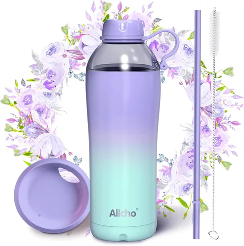 Miniatura 12 de Bow - Botella de agua aislada para mujeres, botellas de agua de acero inoxidable de 18 oz, de doble pared, 2 tapas (para beber y vaso) - Hidrata