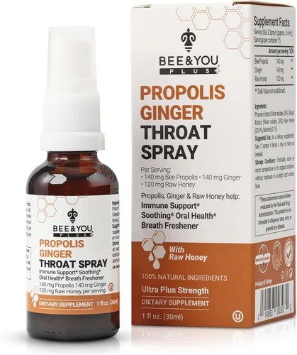 Bee and You Propolis Ginger Raw Honey Spray calmante para la garganta, ultra puro, suplemento de apoyo inmunológico, salud bucal, antioxidantes,