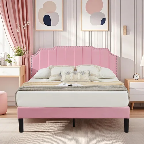 Miniatura 24 de VECELO Base de cama tapizada de terciopelo tamaño Queen con ribete de clavos, cabecera ajustable en altura copetuda, cama vintage con listones