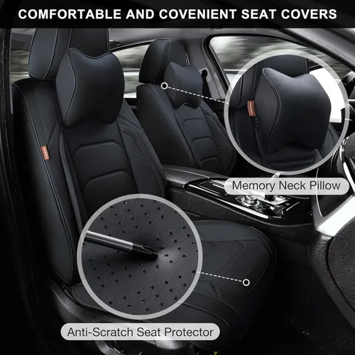 Miniatura 3 de TIEHESYT - Fundas de asiento de auto color negro, fundas de cuero transpirable para asientos delanteros y reposacabezas, ajuste interior universal
