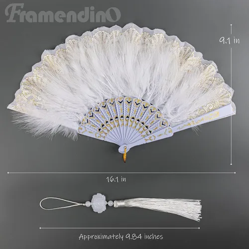 Miniatura 2 de Framendino, Paquete de 2 abanicos de plumas bordadas de flores Marabou con borla colgante de los años 20 plegable de arrastre a mano para mujeres