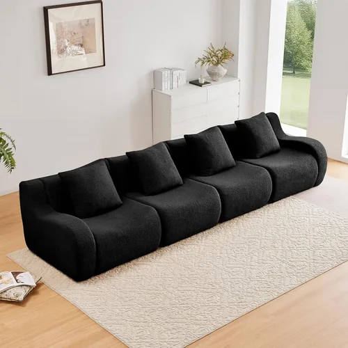 Miniatura 32 de Otomana de tela de peluche negra, moderno reposapiés modular sin hueso en una caja para sala de estar, cómodo diseño de asiento profundo,