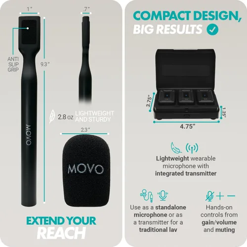 Miniatura 3 de Movo WMX-2-DUO - Sistema inalámbrico compacto de doble micrófono con soportes de extensión de mano - Mini micrófonos Lavalier inalámbricos