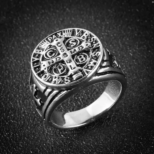 Miniatura 4 de HZMAN Anillo de exorcismo de San Benito para hombres y mujeres, plata de acero inoxidable, cruz católica, romana, protección de demonios, cazador