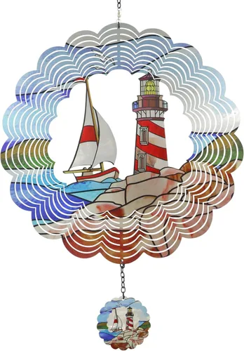 Faro Molinillo de Viento 3D Giratorio Arte de Metal Cinético Colgante Molinillo de Viento Decoración Exterior Adornos de Océano Decoración para
