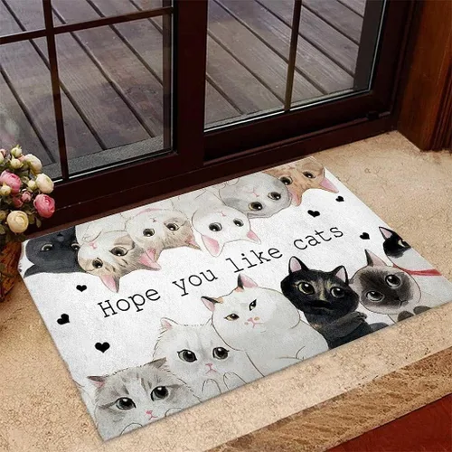 Tapete antideslizante de bienvenida con texto en inglés "Hope You Like Cats", divertido tapete decorativo para baño, cocina, porche, decoración del