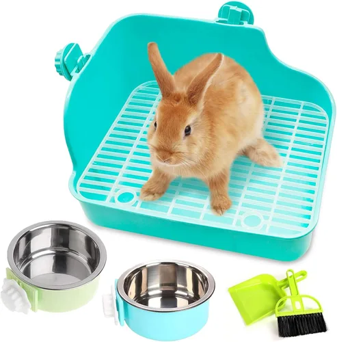 Miniatura 10 de PINVNBY Caja de arena de conejo para jaula de conejo, caja de ropa de cama de esquina para animales pequeños, bandeja colgante para mascotas, jaula
