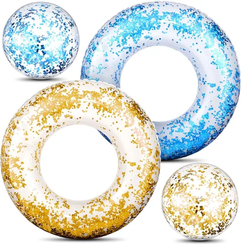 Miniatura 6 de Hungdao 4 unidades de flotador inflable con purpurina para piscina, anillo de natación con confeti y bola de playa con purpurina, pelota de playa