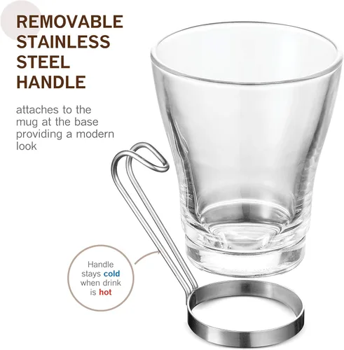 Miniatura 2 de Bormioli Rocco Oslo - Taza de vidrio templado de 7.5 onzas con mango extraíble de acero inoxidable para café, té, lattes y bebidas calientes, juego
