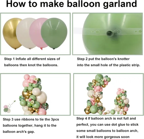 Miniatura 4 de Kit de arco de globos rosa y verde, 144 unidades, guirnalda de globos de color rosa pastel, verde salvia, blanco, arena y oro, para niñas, bosque