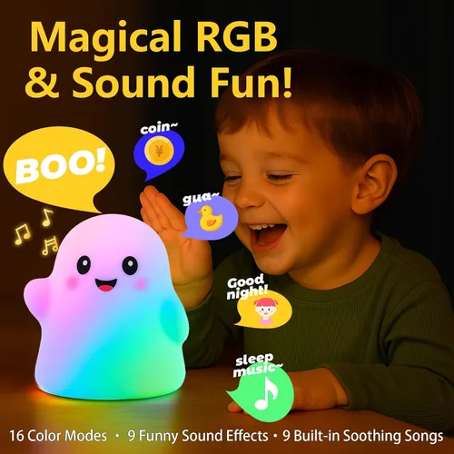 Miniatura 2 de Luz nocturna fantasma para niños, regalo y juguete divertido para niños, lámpara táctil con sonidos, silicona blanda, LED seguro para los ojos