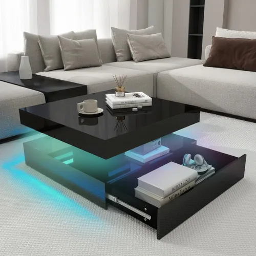 Miniatura 3 de Mesa auxiliar LED para sala de estar, mesa central cuadrada moderna de 2 niveles con luces de sincronización de música, superficie de alto brillo