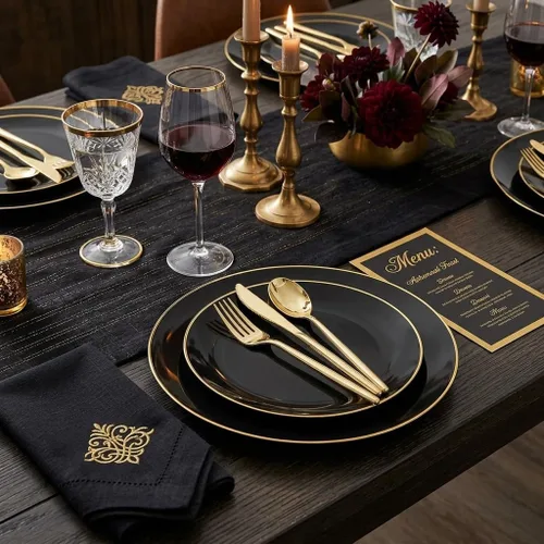 Miniatura 2 de I00000 150 platos de plástico negro, platos desechables negros, platos negros resistentes para 30 invitados, el juego de vajilla de plástico incluye