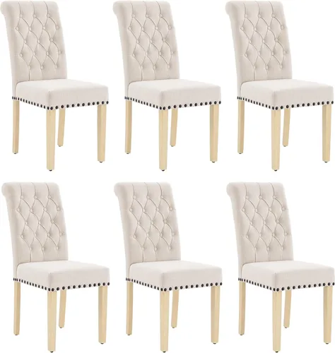 Miniatura 14 de adochr Juego de 2 sillas de comedor de tela de lino, silla de comedor tapizada con patas de madera, sillas Parsons sin brazos para Beige