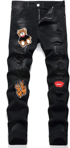 QONIA Jeans para hombre con detalle de parche de oso y letra, rasgados, deshilachados, ajustados, de pierna recta, jeans para hombres