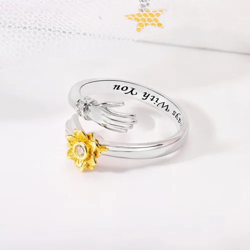 Miniatura 6 de Anillo de plata giratorio de girasol ajustable con diamantes y simple banda para abrazar a dos manos