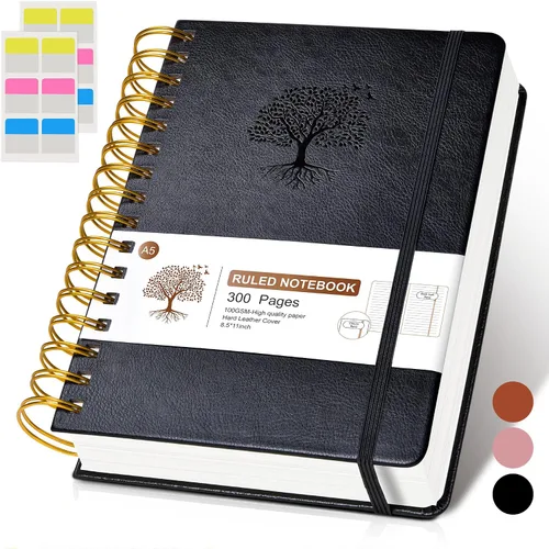 Miniatura 12 de Cuaderno de espiral rayado de 8.5"×11", 300 páginas con tapa dura de cuero, diarios para mujeres y hombres, cuadernos universitarios rayados A4