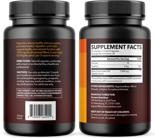 Miniatura 10 de Cápsulas de aceite de semilla negra prensado en frío - Suplemento de 1500 mg de comino negro para la función inmune, apoyo digestivo y salud general