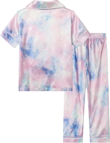 Miniatura 2 de Mud Kingdom Conjunto de pijama de seda satinada para niña, manga corta, con botones, 2 piezas, ropa de descanso de verano