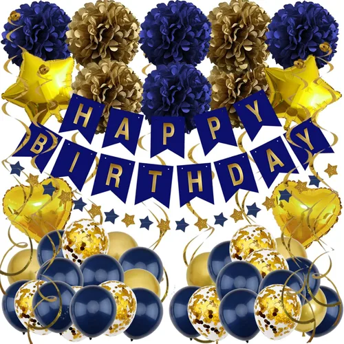 ZERODECO Decoraciones de cumpleaños, decoraciones de fiesta azul marino y dorado con pancarta, pompones, globos para niños, niñas, hombres y mujeres