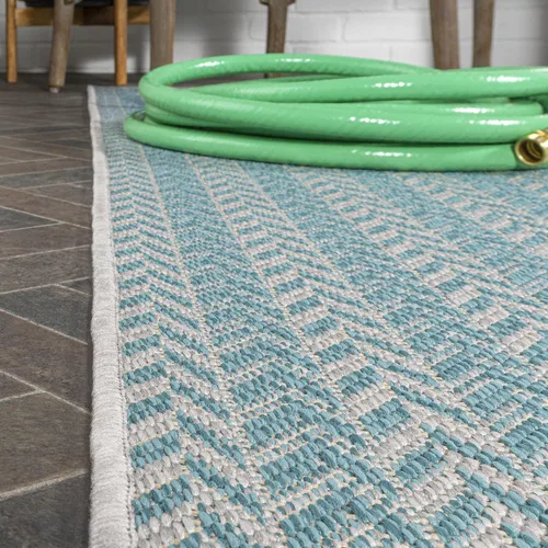Miniatura 4 de JONATHAN Y Concentric Squares - Alfombra de pasillo para interiores y exteriores, 2 x 8 pies, color aguamarina/gris claro, cheurón, moderna