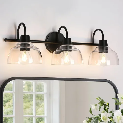Miniatura 11 de KSANA Lámpara de baño negra, lámpara de tocador de 3 luces con pantalla de cristal transparente de gran apertura, moderna lámpara de pared de granja