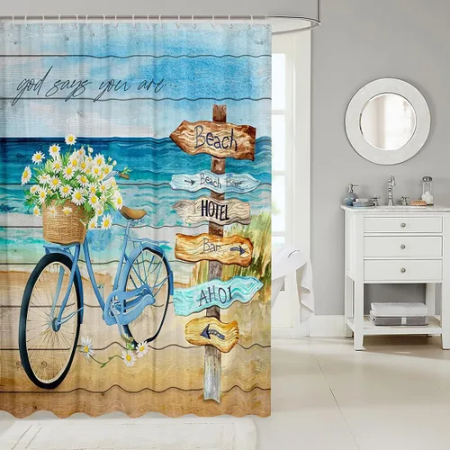 Miniatura 2 de Manfei Cortinas de ducha de playa de verano, cortinas de baño impermeables con 12 ganchos, para bañera, cortinas de baño de tablones de madera