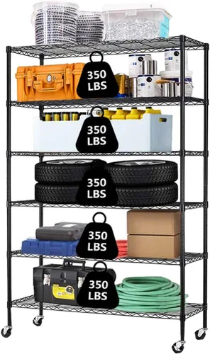 Estantería de alambre de 6 niveles con ruedas, estantes de almacenamiento resistentes, organizador de cocina de garaje NSF, estante de alambre Negro