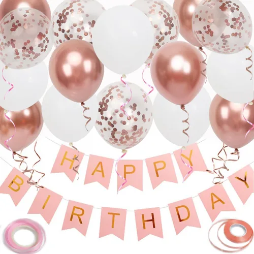 Cartel de feliz cumpleaños, decoración de cumpleaños de oro rosa, 16 globos de 12 pulgadas con 2 cintas para decoración de fiesta de niña y mujer